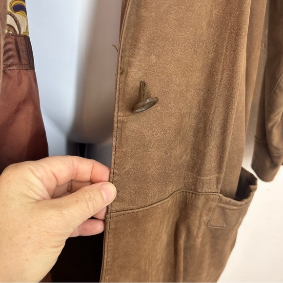 Split Ends 90s Brown Leather Duster Trench Coat size L - Picture 7 of 14